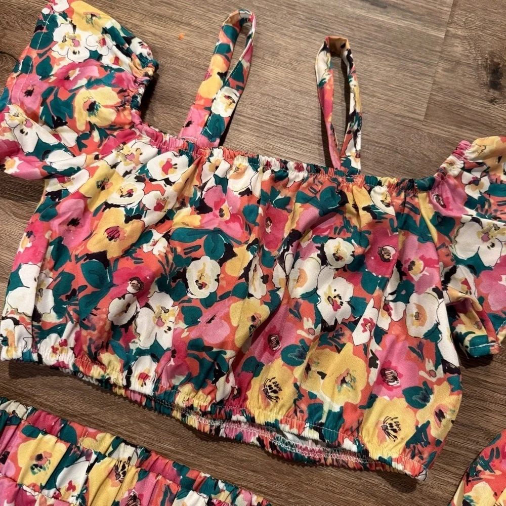 Girls Floral Print Cold Shoulder Top & Shorts & Skirt